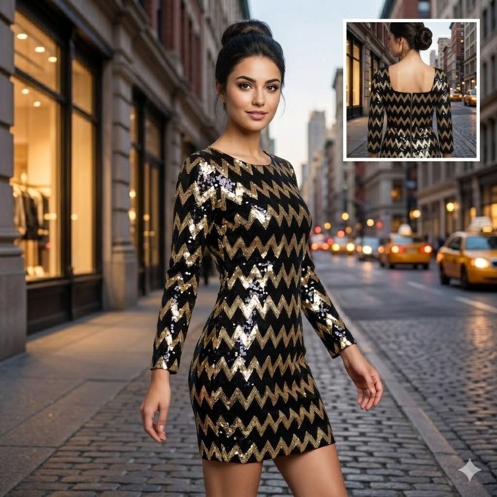 Carmen Marc Valvo Black Gold Sequin Chevron Dress XS CD510021‎ New With Tags